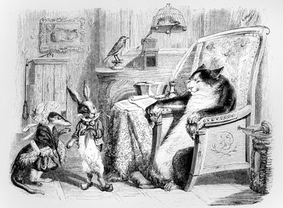猫，黄鼠狼和小兔子，为La Fontaine（1621-95）的“寓言”插图，由H. Fournier Aine出版，1838年 作者 格兰维尔
