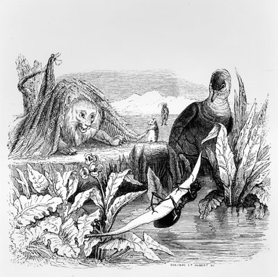鸽子和蚂蚁，狮子和老鼠，La Fontaine的“寓言”插图，由H. Fournier Aine出版，1838年 作者 格兰维尔