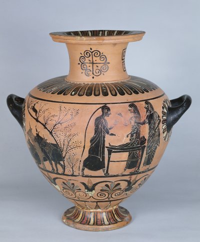 描述爱马仕假装睡着的古老爱奥尼亚水疗，来自Cerveteri，公元前530年（陶器） 作者 希腊文