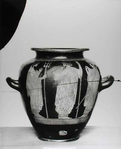 描绘波塞冬，宙斯和赫拉的阁楼红色图stamnos，公元前525-400（陶器） 作者 希腊文