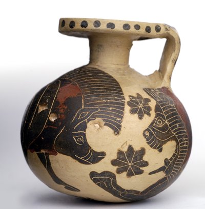 描绘动物的科林斯黑色图形球形aryballos，中科林斯时期（公元前600  -  575年）（粘土） 作者 希腊文