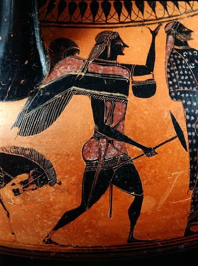 描绘特修斯和弥诺陶洛斯故事的Amphora的细节，约公元前540年（粘土）（另见288292和288293）。 作者 希腊文
