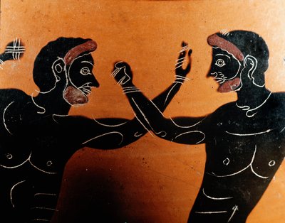 希腊艺术：Panathenaic 兵马俑双耳瓶：描绘普吉拉特之战的细节。 Vulci战士的坟茔。 公元前 6 世纪。 罗马，朱利亚别墅国家博物馆 作者 希腊文