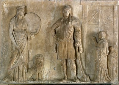 希腊艺术：““弗里吉亚神仙 Cybele 和 Attis，他的儿子和情人”“公元前 2 世纪的大理石浮雕。 威尼斯考古博物馆 作者 希腊文