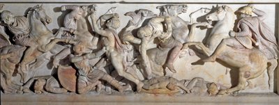 Greek Art: “” sarcophagus of Alexander the Great (356-323 BC)”” View of the reliefs representing the Battle of Issos in 333 BC between the Greeks and the Persians. From the Phenician necropolis of Sidon. 4th century BC. Dim. 195 x 318 x167 cm Istanbul, arc 作者 希腊文