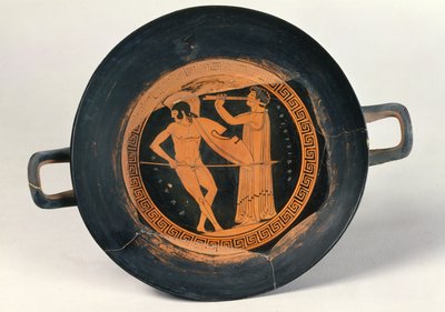 希腊红色人物杯，描绘了一个战士跳舞Pyrrhic，由长老Aristeides（陶器） 作者 希腊文