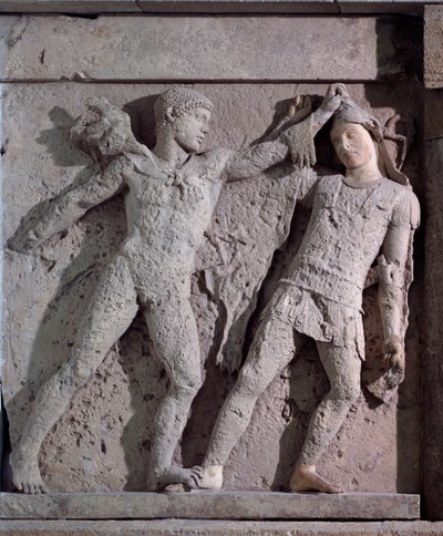Magna graecia：有赫拉克勒斯和亚马逊的墙面，石头浮雕，公元前 5 世纪 作者 希腊文