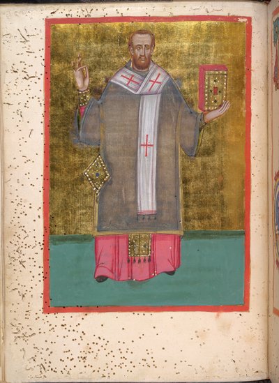 Egerton 2392，f.5v，"Leitourgikon，包括祝圣仪式和祈祷文 "中的约翰-金口站立手持书本的缩影 作者 希腊学派