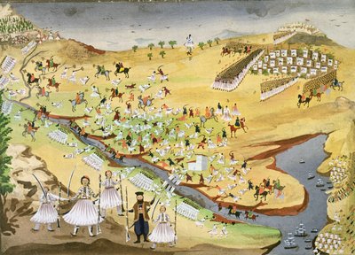 希腊人和土耳其人之间的第一次战斗，在1821年的阿拉玛纳大桥，从希腊独立战争的绘画史 作者 希腊学派