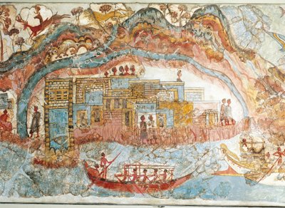 描绘希腊圣托里尼特拉岛阿克罗蒂里的船只游行的壁画，细节，沿海城镇 作者 希腊学派