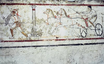 Lucanian壁画坟墓绘画描绘一个角斗士和一个人在战车上，Paestum公元前350-330 作者 Greek School