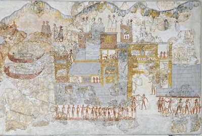 微型壁画描绘了一支海军舰队离开码头，来自希腊锡拉岛或圣托里尼岛的西屋 作者 希腊学派