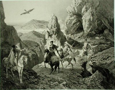 亚美尼亚埃里温附近的猎鹰，图版20来自一本关于高加索的书，由Eugene Ciceri（1813-90）和Adolphe Jean-Baptiste Bayot（1810-66）雕刻，由Alfred Leon Lemercier在巴黎出版。 作者 格里哥里（Grigori Grigorevich）（后）加加林（Gagarin）