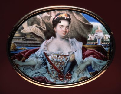 女皇叶卡捷琳娜一世 (1684-1727) 的肖像，可欣赏叶卡捷琳娜霍夫宫的景色。 （叶卡捷琳娜一世的肖像和叶卡捷琳娜霍夫的景色）。 Grigori Semyonovich Musiklysky（1670 年 - 1739 年之后）的作品，金质珐琅 作者 格里高利·谢苗诺维奇音乐节