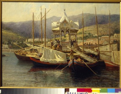 雅尔塔港（乌克兰） - Grigori (Grigoriy, Grigory) Grigoryevich Myasoyedov (Miasoedov)（1834-1911 年）的绘画，纸上水彩 作者 格里戈里·米亚索耶多夫（Grigoriy Myasoyedov）