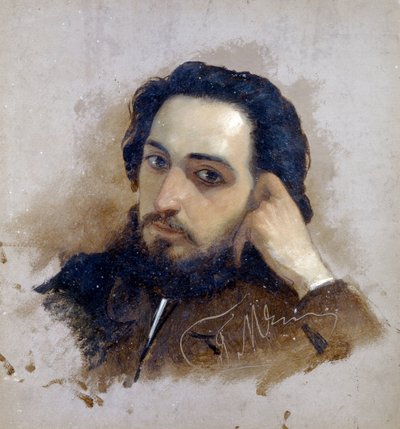作家弗塞沃洛德-加尔钦（Vsevolod Mikhailovitch Garchine，1855-1888 年）的肖像。Peinture de Grigori (Grigoriy, Grigory) Grigoryevich Myasoyedov (Myasoedov, Miasoedov) (1834-1911) - Huile sur carton - Kislovodsk, Museum N., Kislovodsk. 作者 格里戈里·米亚索耶多夫（Grigoriy Myasoyedov）