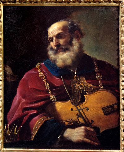 大卫王（拉小提琴）。 Barbieri Giovanni Francesco dit Le Guerchin (1591-1666) 的绘画 作者 格尔奇诺