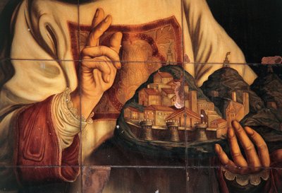 圣马力诺在为他手中的城市祈福，布面油画，作者是乔瓦尼-弗朗切斯科-巴尔比耶里，又称古尔奇诺（1591-1666），圣马力诺共和国国会宫的国会和听众大厅。 作者 格尔奇诺