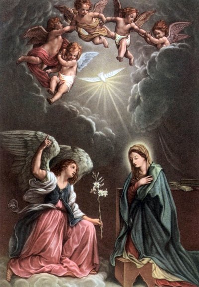 一套 50 年代的圣经教育明信片，根据美术：这里是 Guido Reni 的 "L