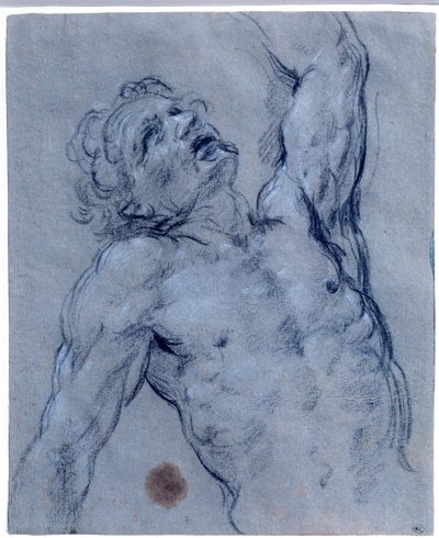 半人像的裸男，向后翻转，假装接受了 Guido Reni 的黑石画，称为“指南”（1573-1642）。 太阳 0,26x0,21 m 巴黎，卢浮宫博物馆 作者 吉多·雷尼（Guido Reni）