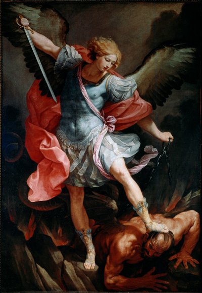 大天使圣迈克尔（Angel Saint Michael）压下了吉多·雷尼（Guido Reni）的恶魔丝绸绘画的头颅 作者 吉多·雷尼（Guido Reni）