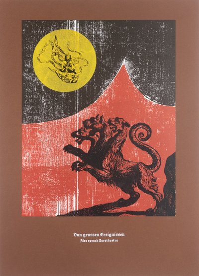 大事记》，《查拉图斯特拉如是说》，2025 年（木刻和丝网版画） 作者 Guilherme Pontes