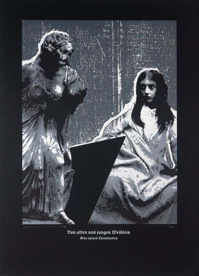 论年老和年轻的女人》，《查拉图斯特拉如是说》，2024 年（木刻和丝网版画） 作者 吉尔赫姆·庞特斯（Guilherme Pontes）