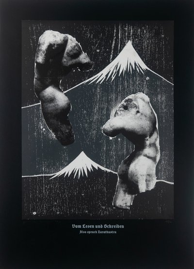 论阅读与写作（黑色）》，《查拉图斯特拉如是说》，2023 年（木刻和丝网版画） 作者 吉尔赫姆·庞特斯（Guilherme Pontes）