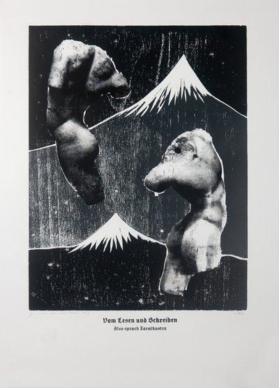 论阅读与写作（白）》，《查拉图斯特拉如是说》，2023 年（木刻和丝网版画） 作者 吉尔赫姆·庞特斯（Guilherme Pontes）