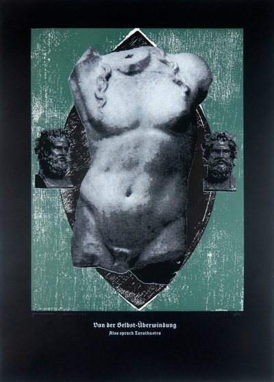 论自我超越，《查拉图斯特拉如是说》，2024 年（木刻和丝网版画） 作者 吉尔赫姆·庞特斯（Guilherme Pontes）