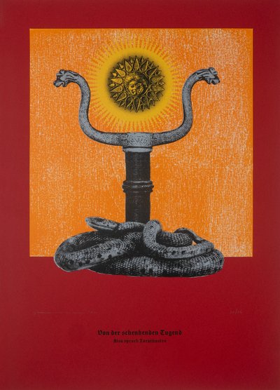 论送礼的美德》，《查拉图斯特拉如是说》，2024 年（木刻和丝网版画） 作者 吉尔赫姆·庞特斯（Guilherme Pontes）