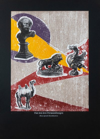 论《查拉图斯特拉如是说》的三个变形，2022（木刻和丝网印刷） 作者 吉尔赫姆·庞特斯（Guilherme Pontes）