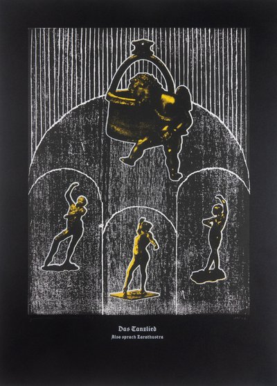 舞曲》，《查拉图斯特拉如是说》，2024 年（木刻和丝网版画） 作者 吉尔赫姆·庞特斯（Guilherme Pontes）