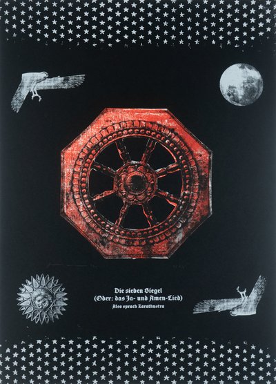 七重封印（或：是与阿门之歌），《查拉图斯特拉如是说》，2025 年（木刻与丝网版画） 作者 吉尔赫姆·庞特斯（Guilherme Pontes）