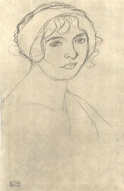 一个裸体女孩的半身画像在右边。 作者 Gustav Klimt