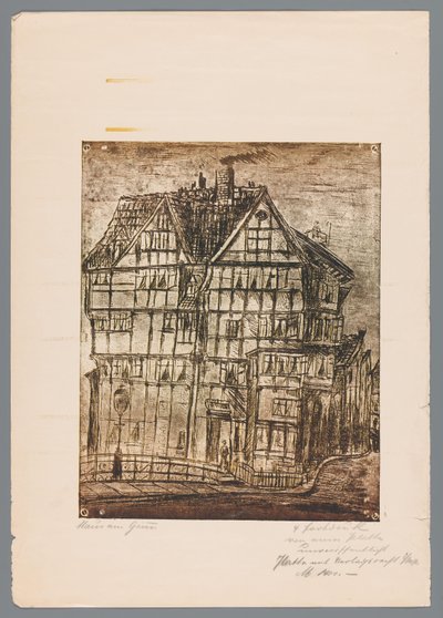 展示一座老房子景色的印刷品或图画的复制品，可能位于德国的格莱茨 作者 无名氏