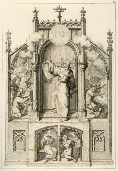 左图：约翰-泰策尔（Johann Tetzel，1465-1519 年）正在焚烧路德的论文，主图：路德将他的 95 篇论文挂在维滕贝格教堂的门上，右图：维滕贝格大学的学生在焚烧论文 作者 古斯塔夫·费迪南德·利奥波德·科尼格