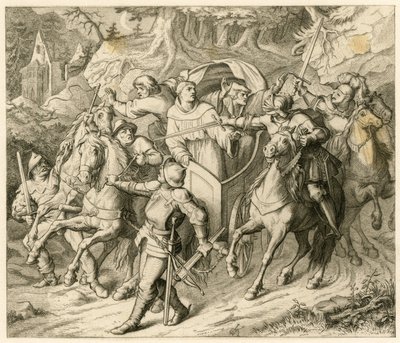 1521 年，马丁·路德在回程途中被豪普特曼·冯·贝尔莱普施 (Hauptmann von Berlepsch) 和布克哈德·洪德 (Burkhard Hund) 绑架，原因是教皇被逐出教会，皇帝被判非法。 作者 古斯塔夫·费迪南德·利奥波德·科尼格