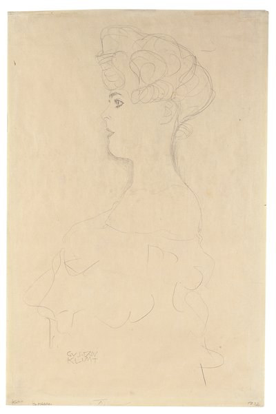 左侧半身侧面像，约 1904-05 年（铅笔、白色和红色蜡笔、日本相纸） 作者 古斯塔夫·克里姆特