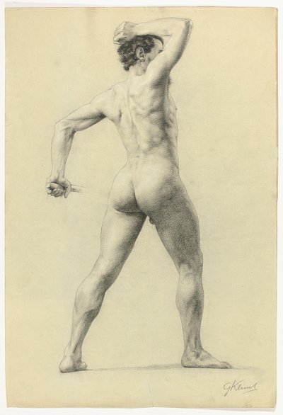 男性裸体背影，约 1880 年（纸上用白色粉笔加高铅笔） 作者 古斯塔夫·克里姆特