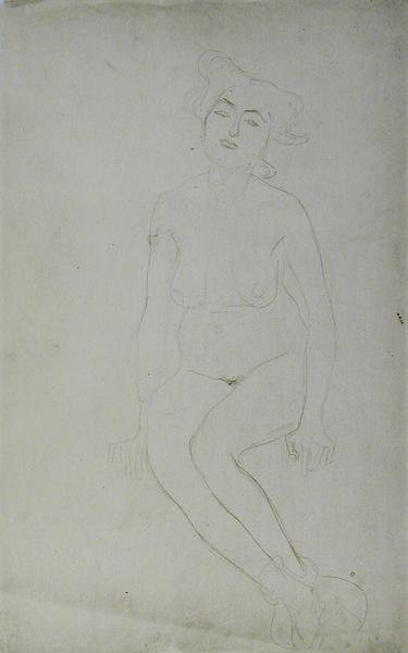 坐着的裸体女人，约1903年（日本纸上的铅笔和红色蜡笔）（黑白照片）。 作者 古斯塔夫·克里姆特