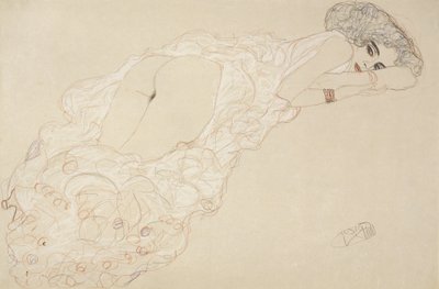 斜倚裸体躺在她的肚子上，朝右，1910年 作者 古斯塔夫·克里姆特