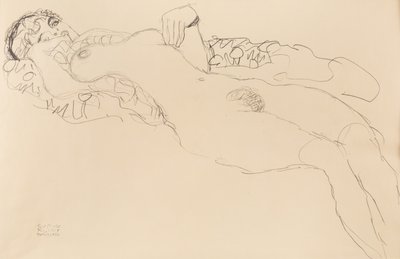 躺着的女性裸体，朝左，1917年。 作者 古斯塔夫·克里姆特