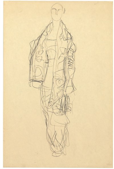 戴斗篷的站立女士，约 1914-16 年（纸上铅笔画） 作者 古斯塔夫·克里姆特