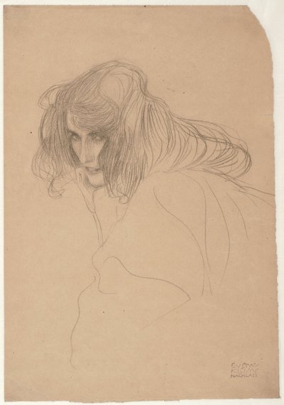 女性头部四分之三轮廓研究（贝多芬浮雕中的贞洁研究），约 1901-02 年（纸面黑色粉笔画） 作者 古斯塔夫·克里姆特