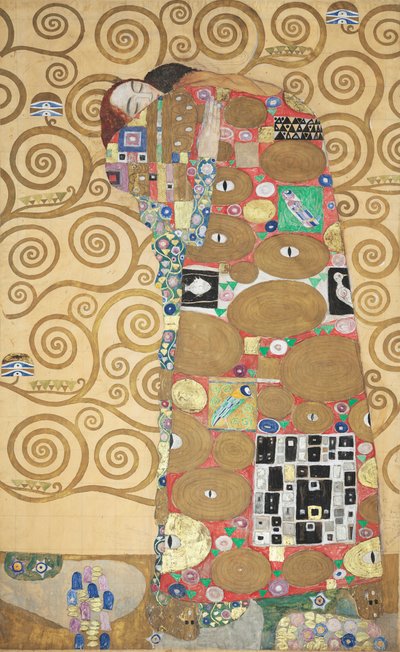 斯托克雷特壁画，细节：拥抱的满足，1905-1909。 作者 古斯塔夫·克里姆特