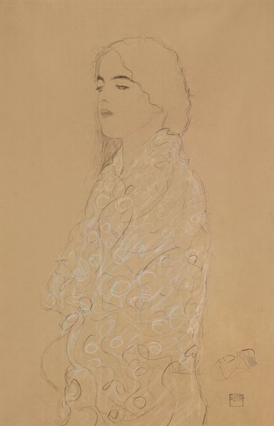 白色披肩的女人（铅笔用白色和红色彩色粉笔在纸上） 作者 古斯塔夫·克里姆特