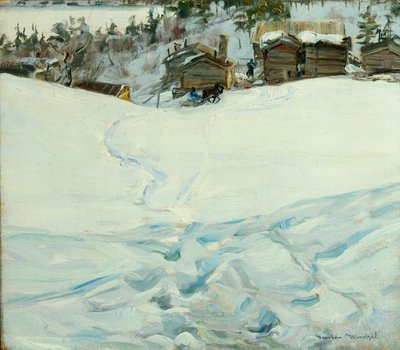 冬季风景中的山区农场（布面油画） 作者 Gustav Wentzel