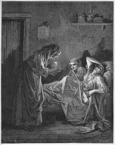 La Vieille et les deux Servantes - 老妇人和她的两个仆人 - 来自Jean de La Fontaine (Lafontaine)（1621-95）的《寓言》--根据Gustave Dore（1832-83）的作品雕刻 --私人收藏 作者 古斯塔夫（之后）多尔
