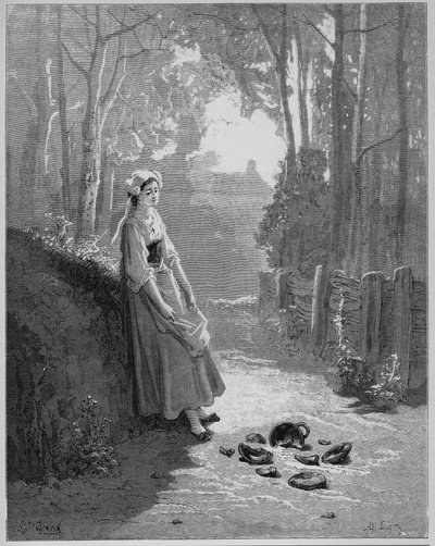 La laitiere et le pot a lait--挤奶女工和她的水桶--出自Jean de La Fontaine (Lafontaine) (1621-95)的《寓言》--根据Gustave Dore (1832-83)的作品刻制--私人收藏 作者 古斯塔夫（之后）多尔
